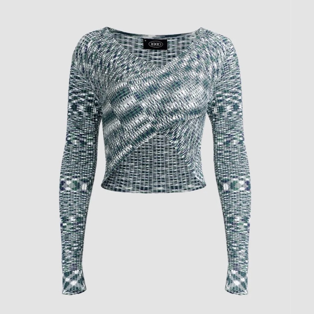 Cider Multicolor Knit Long-Sleeve Crop Sweater and Pant Set - Green & White
